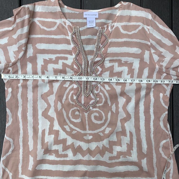 Soft Surroundings Pink White Tribal Top Tunic Cover Up Beaded Hook Closure Large - Picture 5 of 8